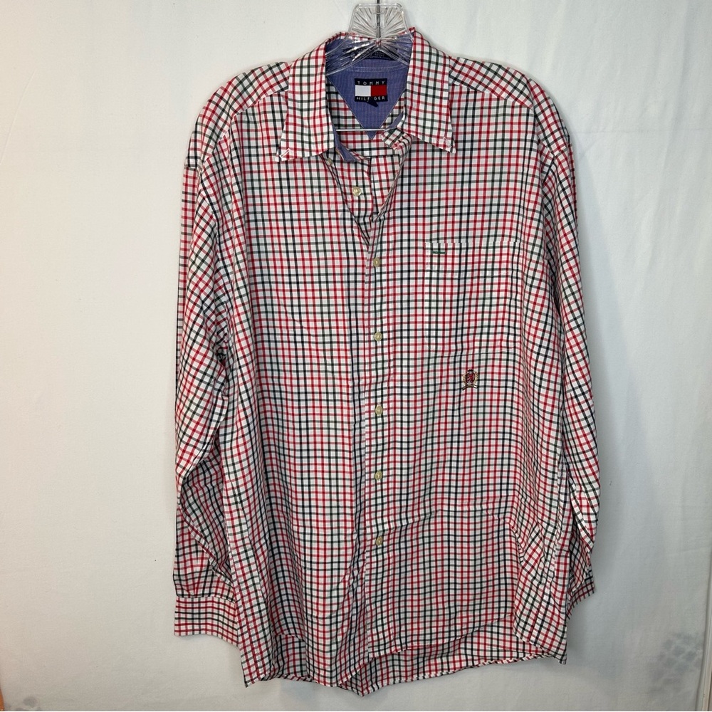 Tommy Hilfiger Men’s Red White Green Casual Button Down Shirt 100% Cotton Size M